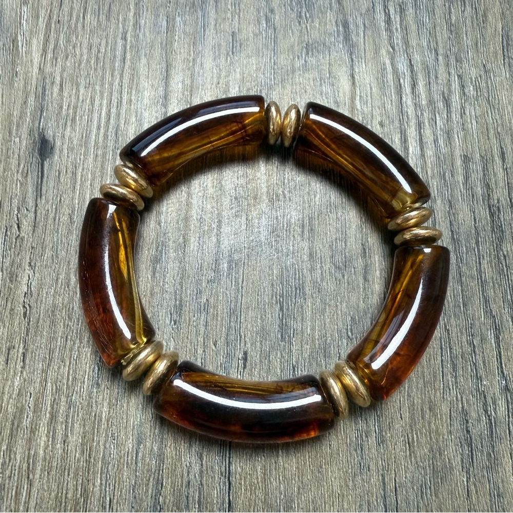 Vintage-Inspired Chunky Tortoise & Gold Stretch Bracelet